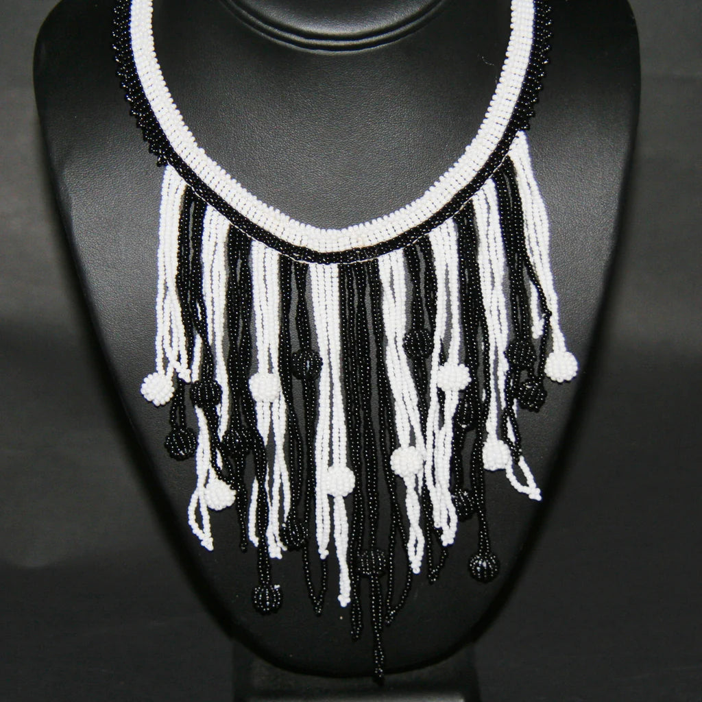 African Choker Beaded Cascade Necklace Black and White