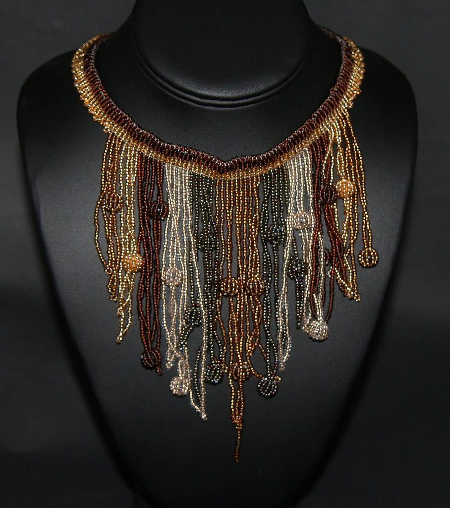 African Choker Beaded Cascade Necklace Brown Gold Copper Gray