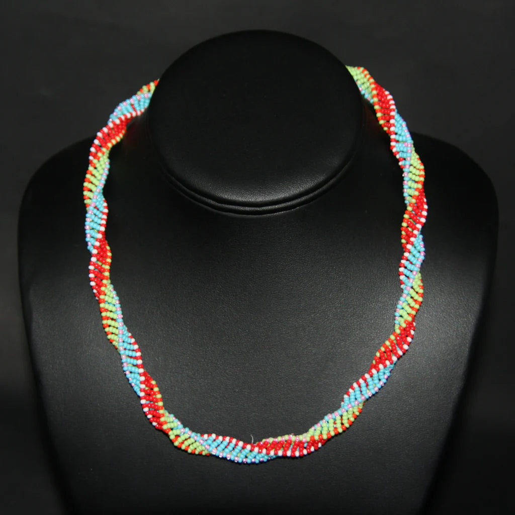 African Bead Spiral Twist Necklace Red Green Blue