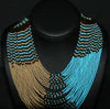 Tribal Beaded Waterfall Necklace Turquoise Blue Beige and Chocolate