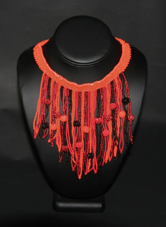 African choker  beaded cascade burgundy red orange