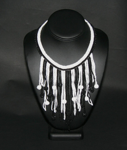 African Choker Beaded Cascade Necklace Black and White
