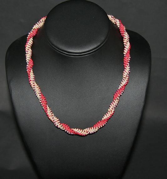 African Bead Spiral Twist Necklace Orange Mango Pearl and Burgundy