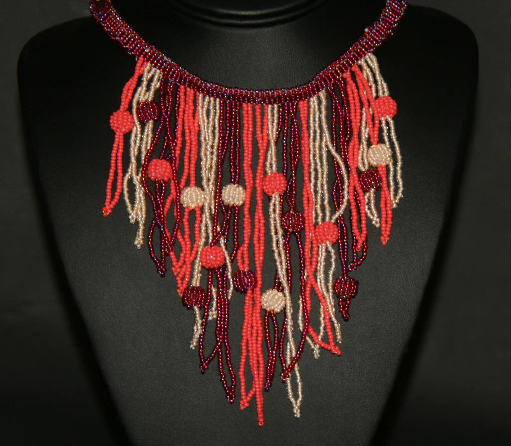 African Choker Beaded Cascade Necklace  Burgundy Orange White