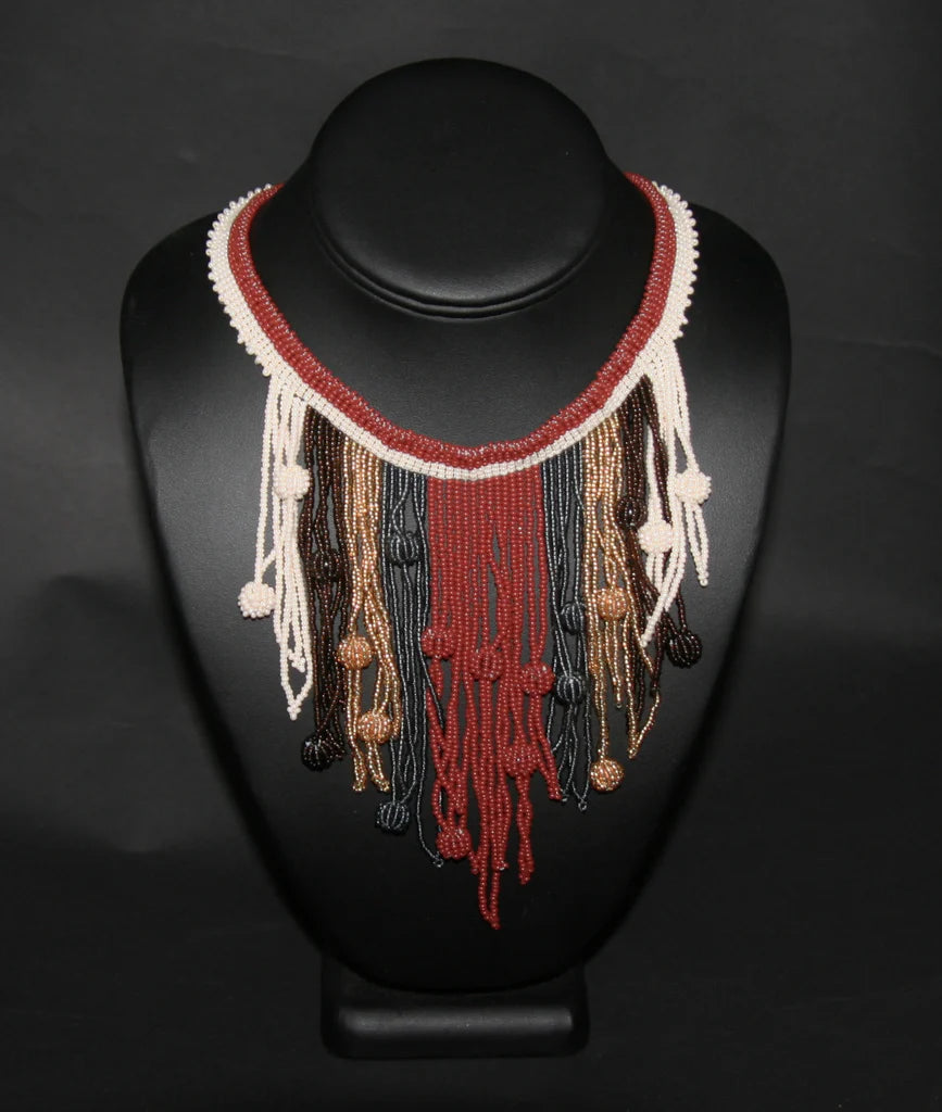 African Choker Beaded Cascade Necklace brown white gray, and gold beads