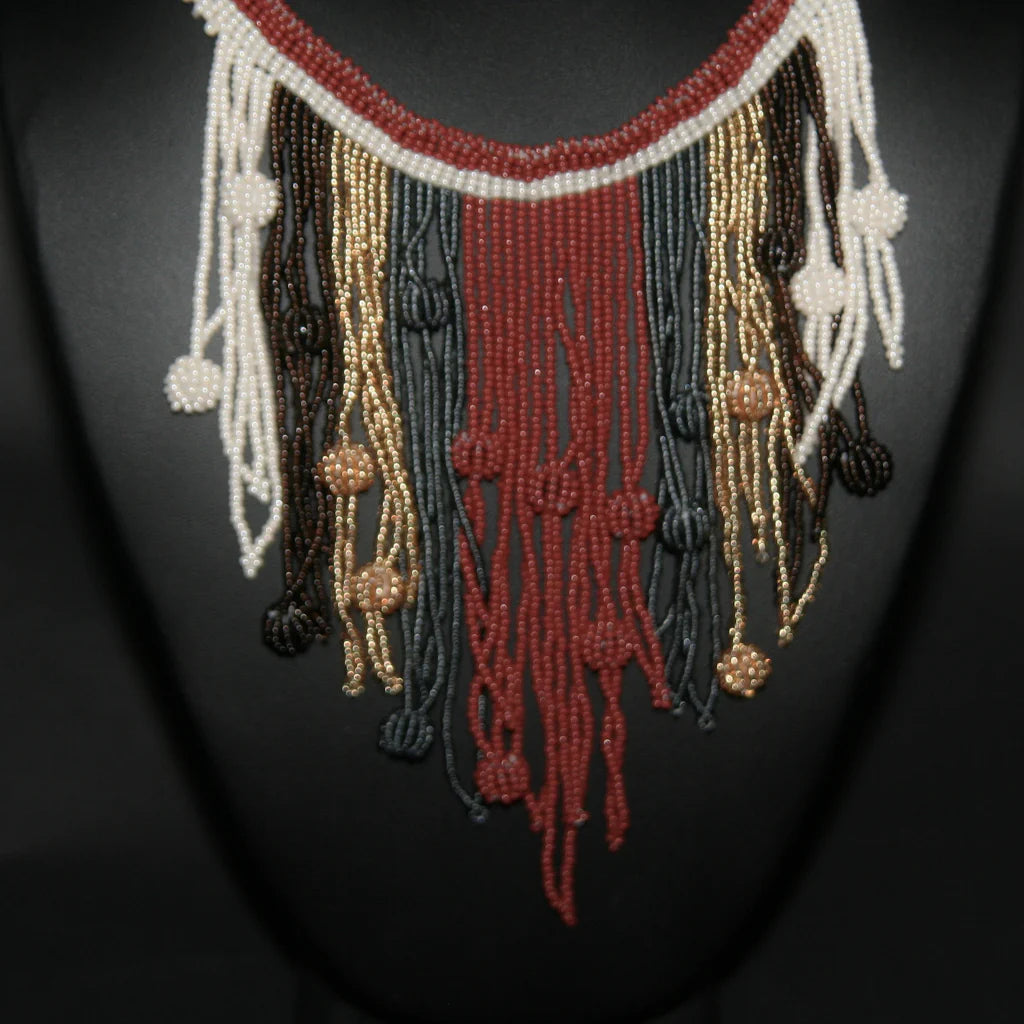 African Choker Beaded Cascade Necklace brown white gray, and gold beads
