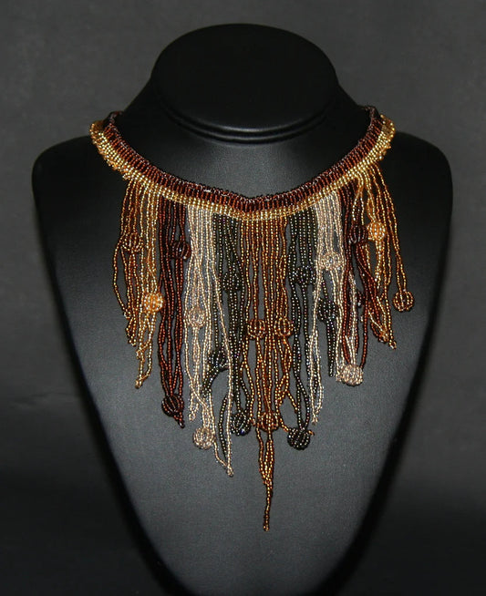African Choker Beaded Cascade Necklace Brown Gold Copper Gray