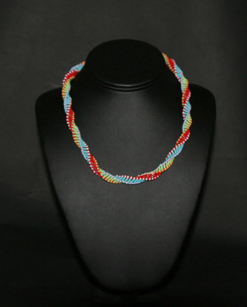 African Bead Spiral Twist Necklace  Red Green Blue