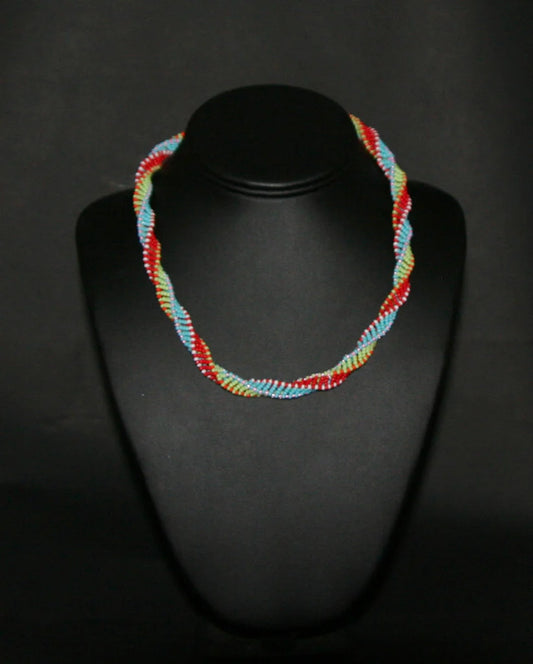 African Bead Spiral Twist Necklace  Red Green Blue