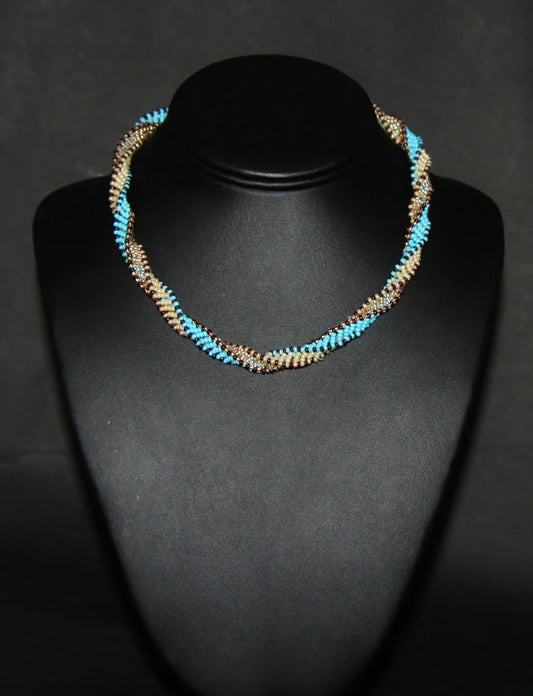 African Bead Spiral Twist Necklace Blue