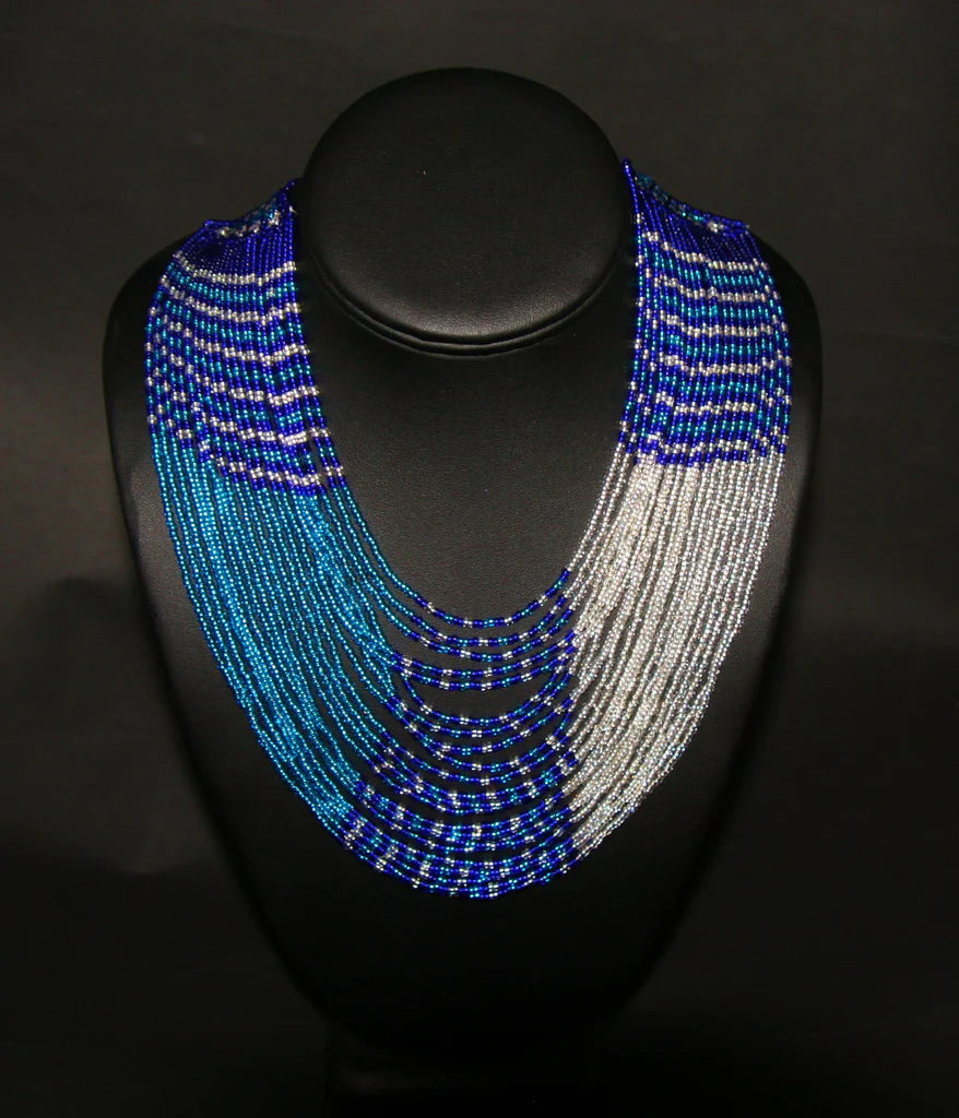 African Tribal Beaded Waterfall Necklace blue turquoise silver
