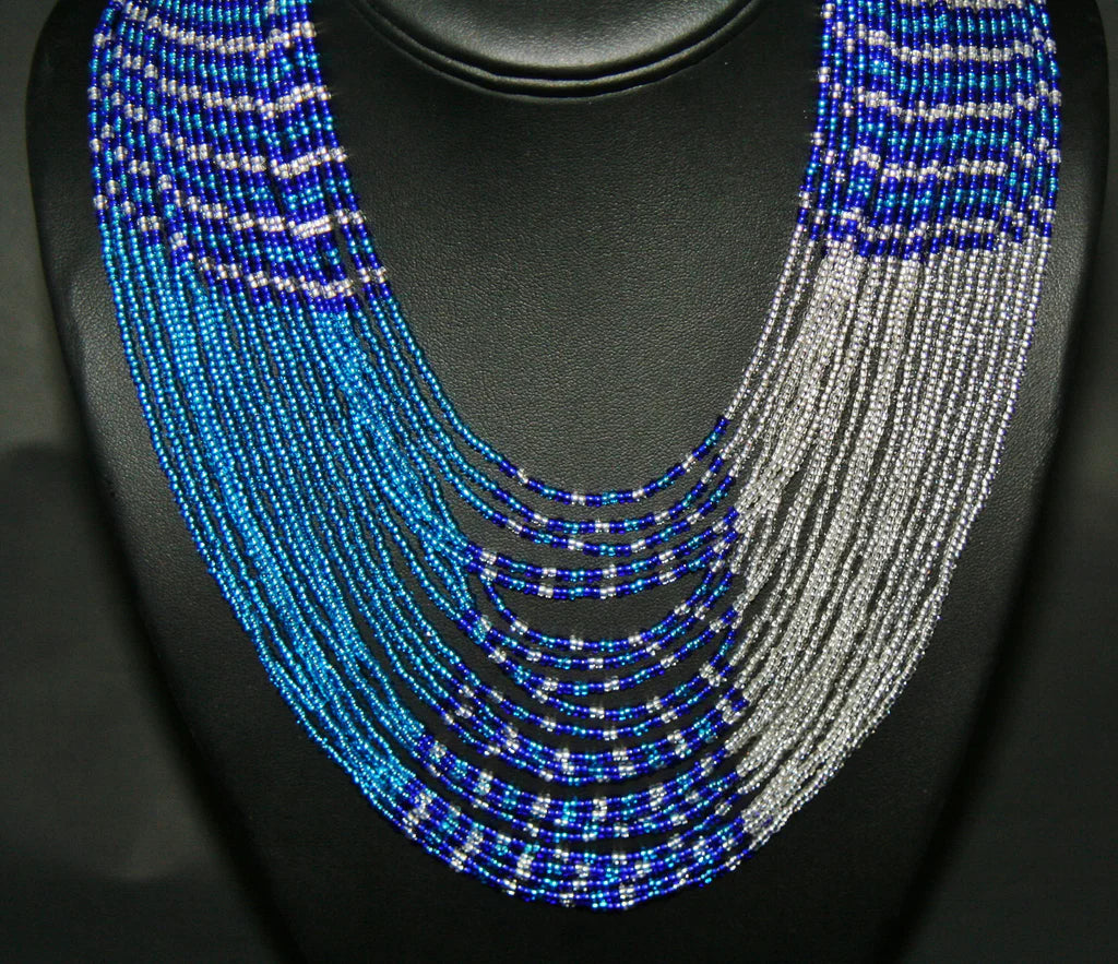 African Tribal Beaded Waterfall Necklace blue turquoise silver