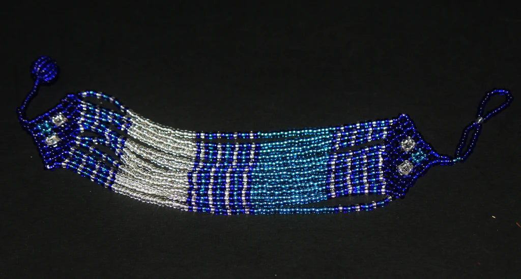 African Tribal Beaded Waterfall Necklace blue turquoise silver