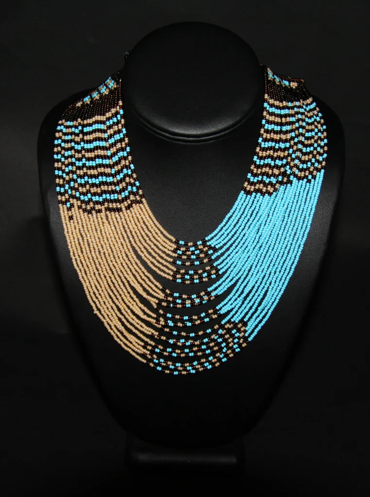Tribal Beaded Waterfall Necklace Turquoise Blue Beige and Chocolate