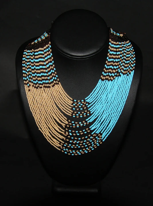 Tribal Beaded Waterfall Necklace Turquoise Blue Beige and Chocolate