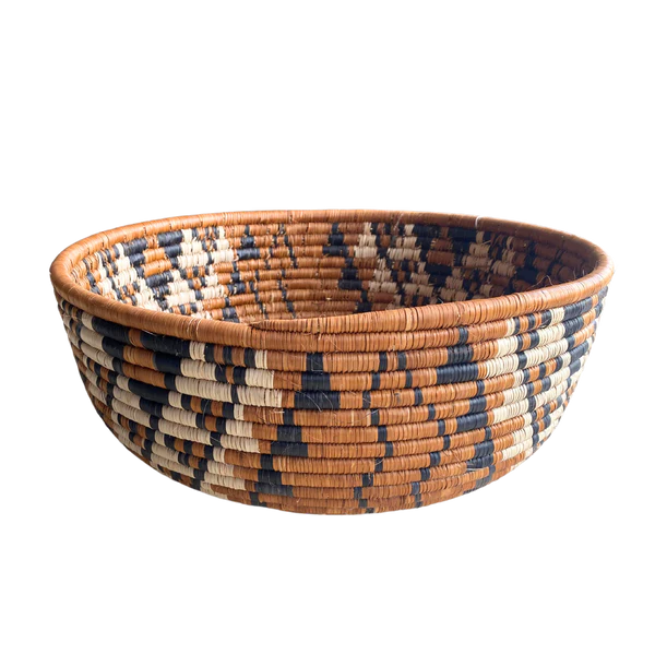 LARGE HAND WOVEN ZULU REED BOWL (DIAMOND CREAM, BROWN & BLACK)