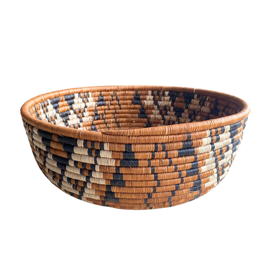 LARGE HAND WOVEN ZULU REED BOWL (DIAMOND CREAM, BROWN & BLACK)