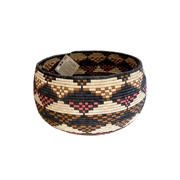 LARGE HAND WOVEN WEAVED BOWL (PINK & BLACK CHECKERED)