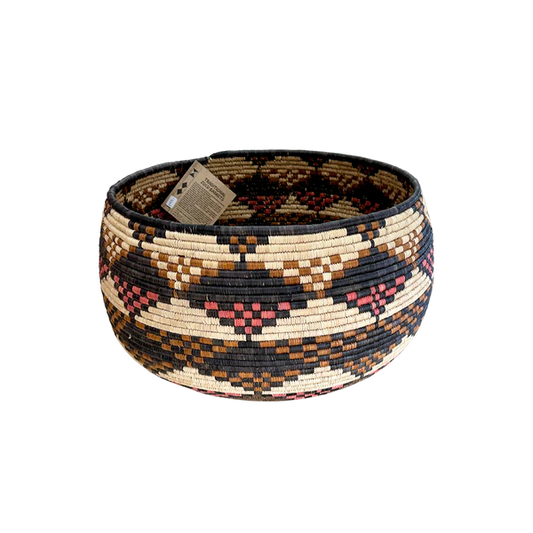 LARGE HAND WOVEN WEAVED BOWL (PINK & BLACK CHECKERED)