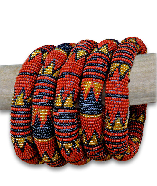 African Beaded Bangle Thick Rope Style Brown Black Gold