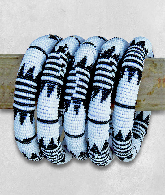 African Beaded Bangle Thick Rope Style White Black