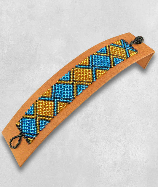 African Beaded Bracelets Flat Blue Gold Black