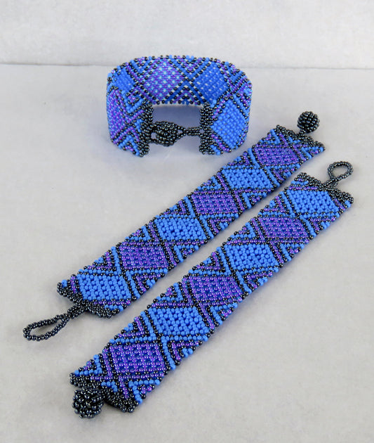 African Beaded Bracelets Flat Lilac Blue Metallic Grey