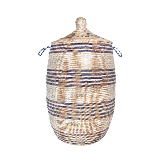 White & Navy Woven Laundry Basket